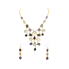 Necklace Earrings Set 925 Sterling Silver Gold Plated Multi Natural Stones C515